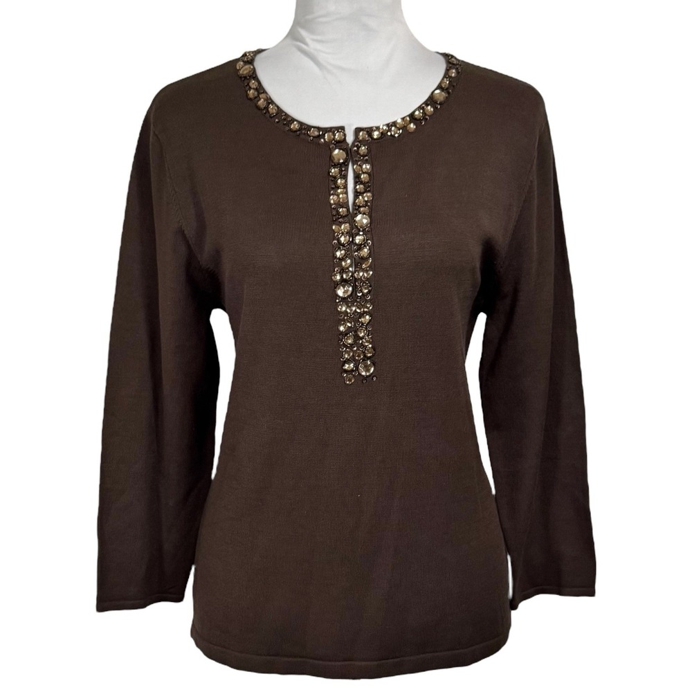 NEW Vintage Talbots‎ Beaded Silk Knit Top Size Large Brown Amber 3/4 Sleeve Fall